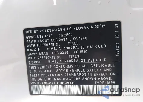 2012 Volkswagen Touareg Vr6 Lux из США, поврежденный, VIN WVGEF9BPXCD009946